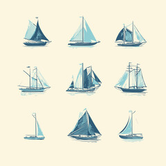 Vintage hand-drawn sailboat illustrations collection. Artistic blue watercolor-style sailing vessels, nautical marine sketches for sea travel.