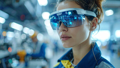 Visionary Gaze: A focused individual wearing augmented reality glasses, seamlessly merging the physical and digital realms, embodying innovation and technological advancement.