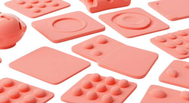 BABY TOYS - Close-up of pink silicone molds with various shapes and patterns, ideal for baking, crafting, or candy making