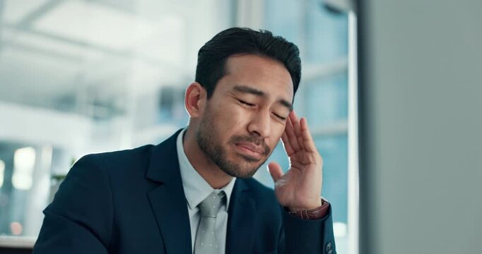 Stress, computer and business man with headache for finance deadline, auditing crisis and burnout. Discomfort, accountant and tech with migraine in office for payroll mistake, overworked or brain fog