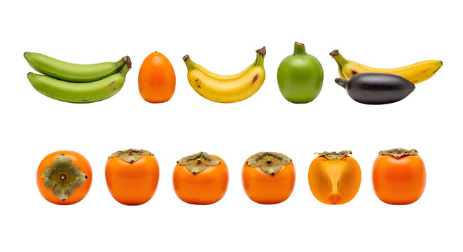 Fresh tropical fruits including bananas, persimmons, green apple, and an egg isolated on white background, perfect for healthy eating and nutrition content