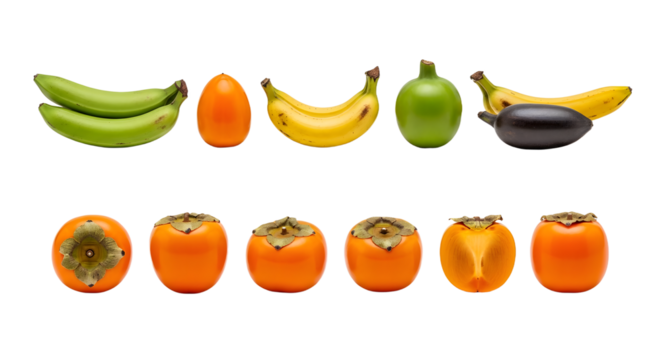 Fresh tropical fruits including bananas, persimmons, green apple, and an egg isolated on white background, perfect for healthy eating and nutrition content
