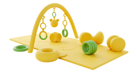 BABY TOYS - Modern yellow and green baby play gym with rings, soft toys, and mat on white background, perfect for infant development and sensory play