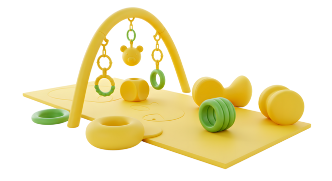 BABY TOYS - Modern yellow and green baby play gym with rings, soft toys, and mat on white background, perfect for infant development and sensory play