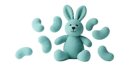 BABY TOYS - Cute plush blue bunny toy with detachable bean bag pieces scattered around, isolated on black background, perfect for children's playtime and decoration
