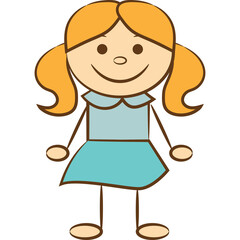 Simple Drawing Of A Smiling Girl With Pigtails And A Blue Dress On A Transparent Background