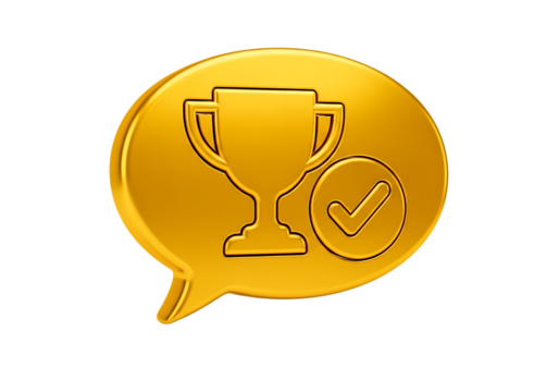 3d illustration of a golden trophy icon within a golden speech bubble, signifying achievement and recognition, isolated on transparent background on transparent background