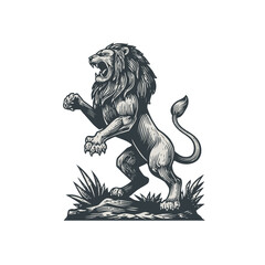 Obraz premium Majestic roaring lion standing upright, detailed vintage illustration in heraldic style, powerful and courageous animal art.