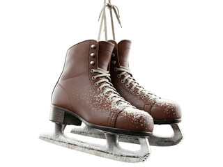 Pair of brown leather ice skates with snow detail hanging isolated on transparent background