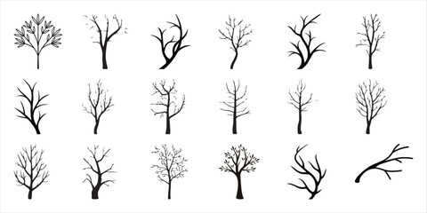 Collection of Black and White Stylized Tree Silhouettes on White Background