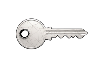 3d illustration of a single metallic key with a circular head and a serrated bit, representing access, security, and solutions, isolated on transparent background on transparent background