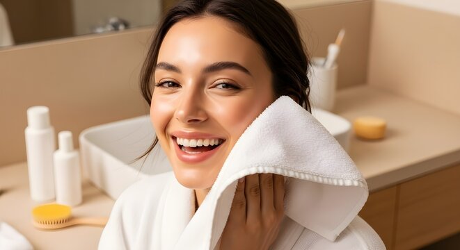Beautiful smiling woman drying fresh clean face with a towel during morning skincare routine.