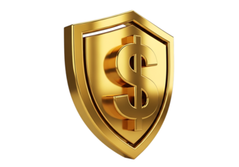 3d illustration of golden shield with a dollar sign, symbolizing financial security and wealth, isolated on transparent background on transparent background