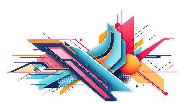 Futuristic abstract background image featuring metallic 3D geometric shapes, glowing gradients, and vibrant technological energy against white.