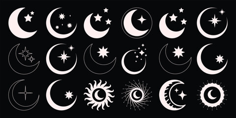 Collection of Crescent Moon and Star Icons on a Black Background
