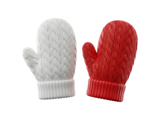 Red and White Cable Knit Mittens Isolated on Transparent Background, 3D Render