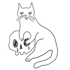 isolated halloween cat with scull in hand drawn style in vector. illustration for website sticker mascot poster.