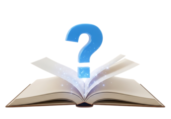 3d illustration of open book with a glowing blue question mark floating above, symbolizing curiosity, knowledge, and mystery, isolated on transparent background on transparent background