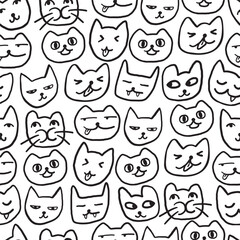 Fototapeta premium seamless pattern with cat's heads in hand drawn style in vector. Element for banner, wallpaper, wrapping, backdrop, background.