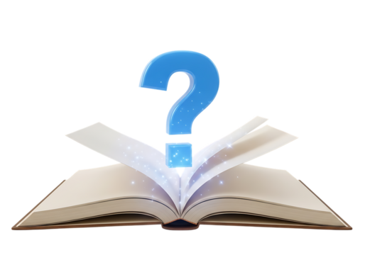 3d illustration of open book with a glowing blue question mark floating above, symbolizing curiosity, knowledge, and mystery, isolated on transparent background on transparent background - Powered by Adobe