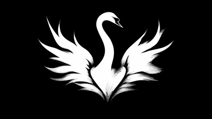 Obraz premium Elegant white swan illustration with graceful spread wings on a black background, a stylized majestic bird graphic design element.