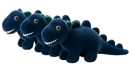 BABY TOYS - Row of blue plush dinosaur toys with green spikes lined up on white background, perfect for children?s room decoration or imaginative play