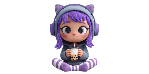 Cute girl character with purple hair and cat ear headphones holding boba tea, sitting crosslegged Concept of youth, lifestyle, and modern digital art