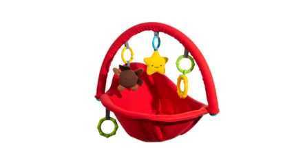 BABY TOYS - Bright red baby swing with hanging plush toys including bear, star, and rings on isolated background, perfect for infant play areas