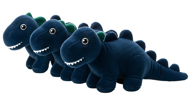 BABY TOYS - Row of blue plush dinosaur toys with green spikes lined up on white background, perfect for children?s room decoration or imaginative play