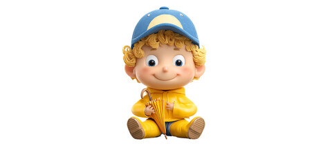 Adorable blonde child in yellow raincoat and blue cap holding umbrella Cute cartoon character with a happy smile ready for rainy weather