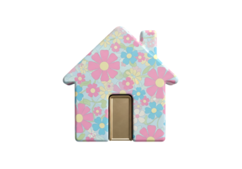 3d illustration of a charming, stylized house shape adorned with a cheerful floral pattern of pink, blue, and yellow flowers, isolated on transparent background on transparent background