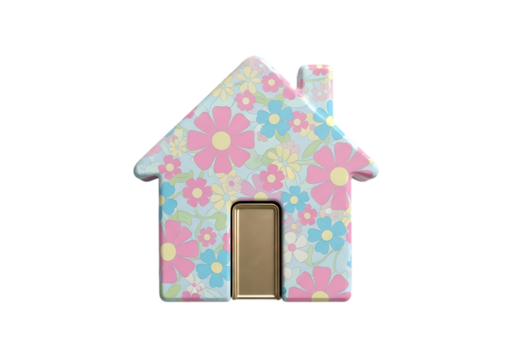 3d illustration of a charming, stylized house shape adorned with a cheerful floral pattern of pink, blue, and yellow flowers, isolated on transparent background on transparent background - Powered by Adobe
