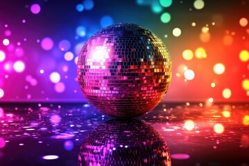 Dazzling disco ball reflecting vibrant lights on a glossy surface, creating a party atmosphere and high energy.