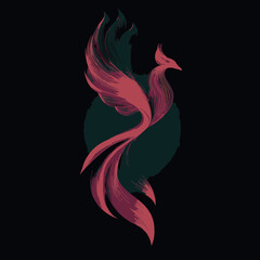 Obraz premium Stylized phoenix rising illustration with flowing fiery feathers in red and pink on a dark background, symbolizing rebirth and power