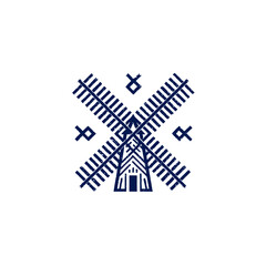 Obraz premium Minimalist geometric blue and white windmill illustration with traditional folk art patterns. Simple architectural graphic design element.