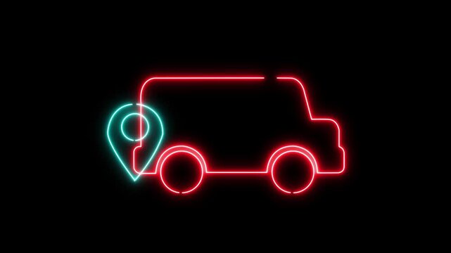 Neon light effect animation of a delivery truck icon with a location pin