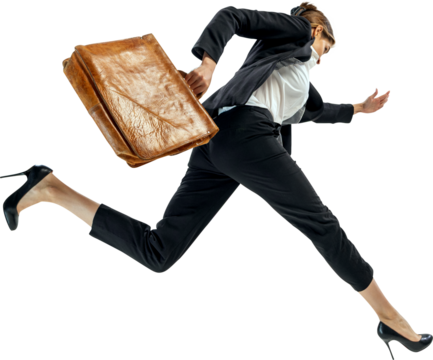 Businesswoman jumping with leather briefcase in extended stride on transparent background. Concept of progress, determination, freedom for business visuals, advertising, and career development themes.