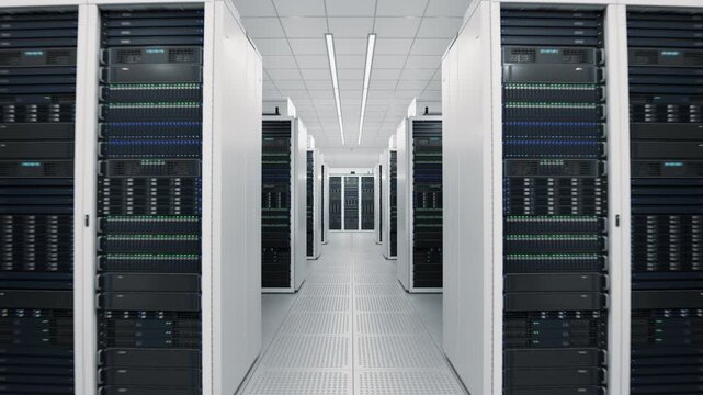 Data Center, AI Supercomputer and Advanced Cloud Computing Concept. Moving through Corridor with White Server Cabinets Inside Large Modern Datacenter. LLM, ML, Artificial Intelligence Training Cluster