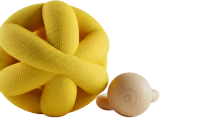 BABY TOYS - Yellow woven ball dog toy with wooden spinning top on white background, playful pet accessory for dogs