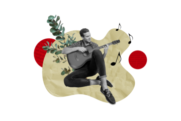 Creative collage young handsome man sit play guitar musician acoustic instrument blossom plant environment hobby song melody notes