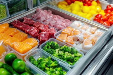 Obraz premium Vibrant Display of Fresh Meats, Fish, and Produce Arranged Attractively in Clear Containers for Retail.