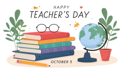 Happy teachers day on october 5th, featuring stacks of books, a globe, plants, and stationery, isolated on transparent background