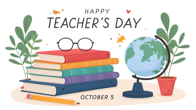 Happy teachers day on october 5th, featuring stacks of books, a globe, plants, and stationery, isolated on transparent background