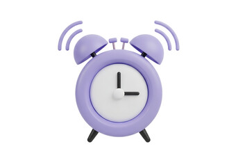 3d illustration of a cute, cartoonish purple alarm clock with bells on top, ringing with sound waves emanating, isolated on a transparent background on transparent background