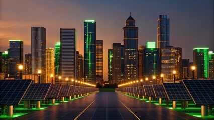 Fototapeta premium ESG Investing Trends. Modern skyline with solar panels reflecting a vibrant sunset.