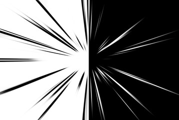 Obraz premium Abstract surface of radial blur zoom in monochrome tones. A striking black and white background, divided into two parts, with radial, diverging, and converging lines.