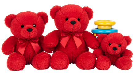 BABY TOYS - Three red teddy bears with red ribbons and colorful stacking rings, isolated on white background, ideal for children's toys or gift ideas
