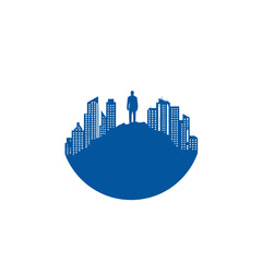Blue silhouette of a person standing on a hill overlooking a modern city skyline, symbolizing urban success, leadership, and vision.