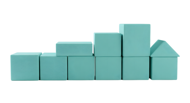 BABY TOYS - Stacked light blue wooden building blocks arranged in a stepped pattern with a triangle top, ideal for educational and creative play visuals