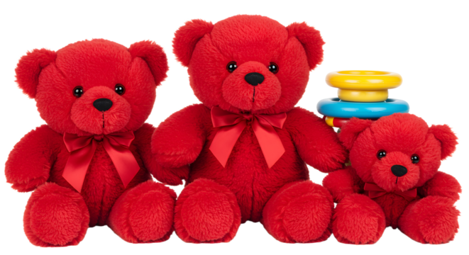 BABY TOYS - Three red teddy bears with red ribbons and colorful stacking rings, isolated on white background, ideal for children's toys or gift ideas
